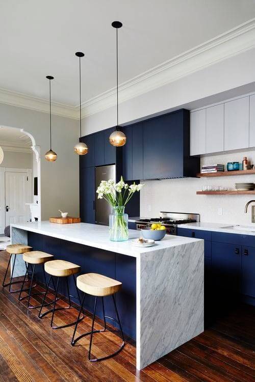 White Marble Countertop Modern Blue Kitchen
