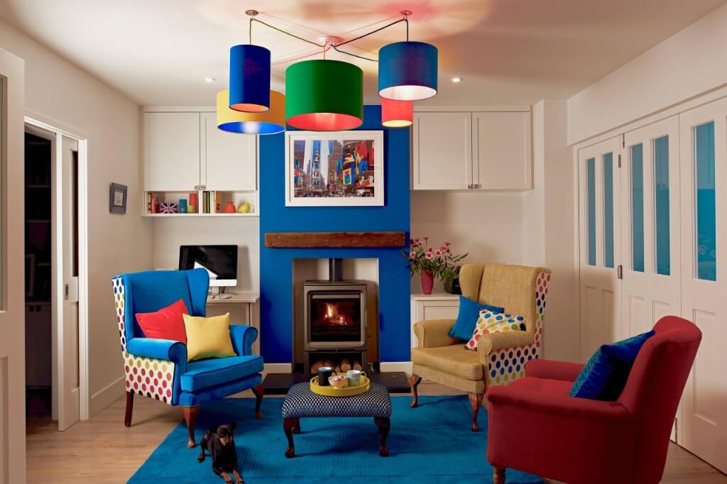 blue themed eclectic living room