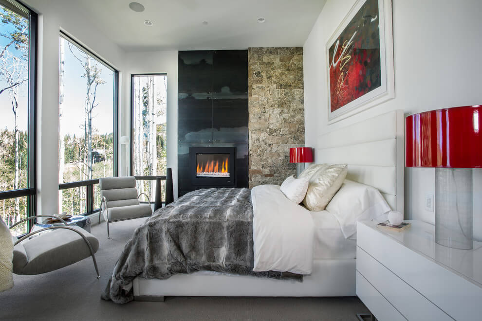 wall installed fireplace bedroom