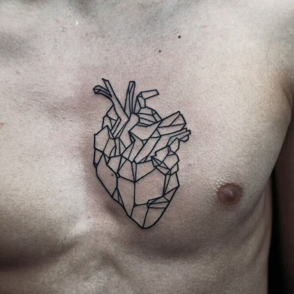 Black Outline Geometric Real Heart Tattoo On Man Chest