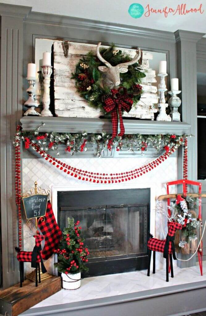 Fireplace Mantel Plaid Christmas Decor