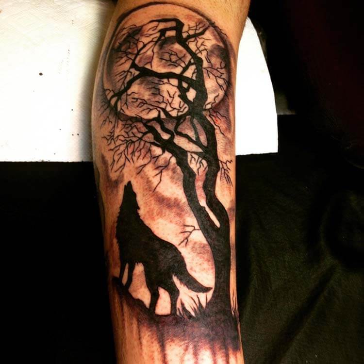 Moon and Wolf Tattoo