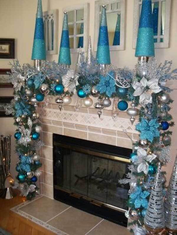 Fireplace Mantel Silver Blue Decoration