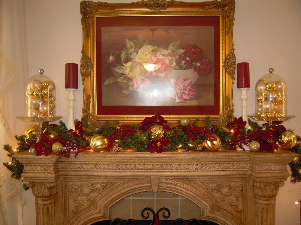 Red Gold Christmas Fireplace Mantel