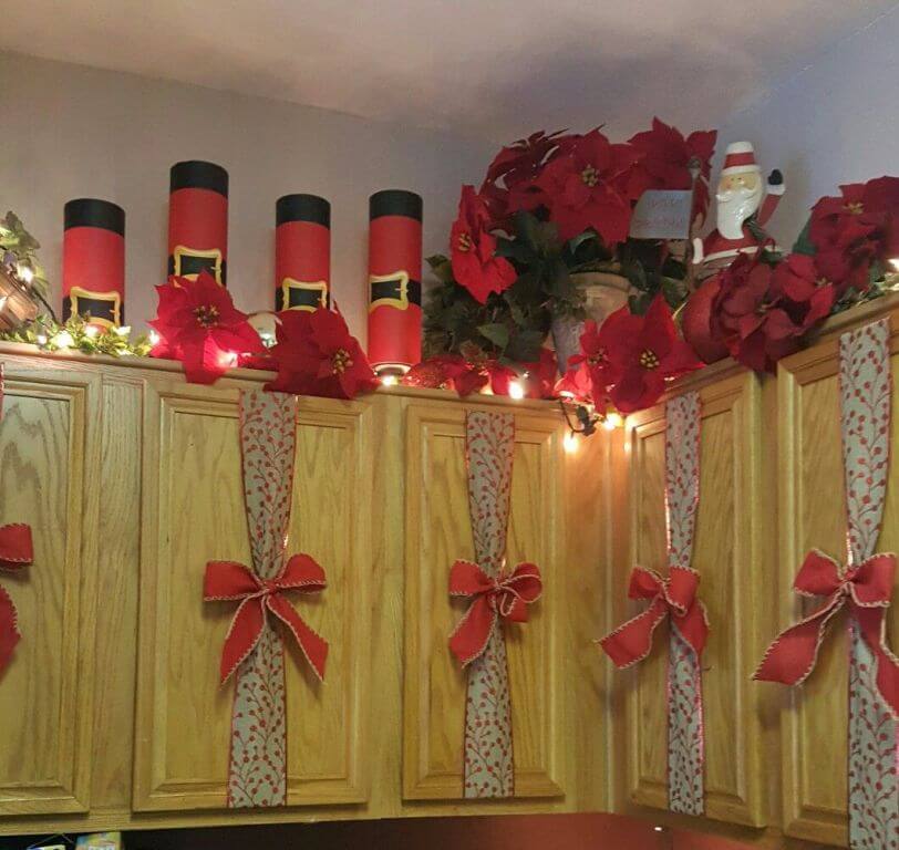 Red Poinsettias Christmas Cupboard Decor
