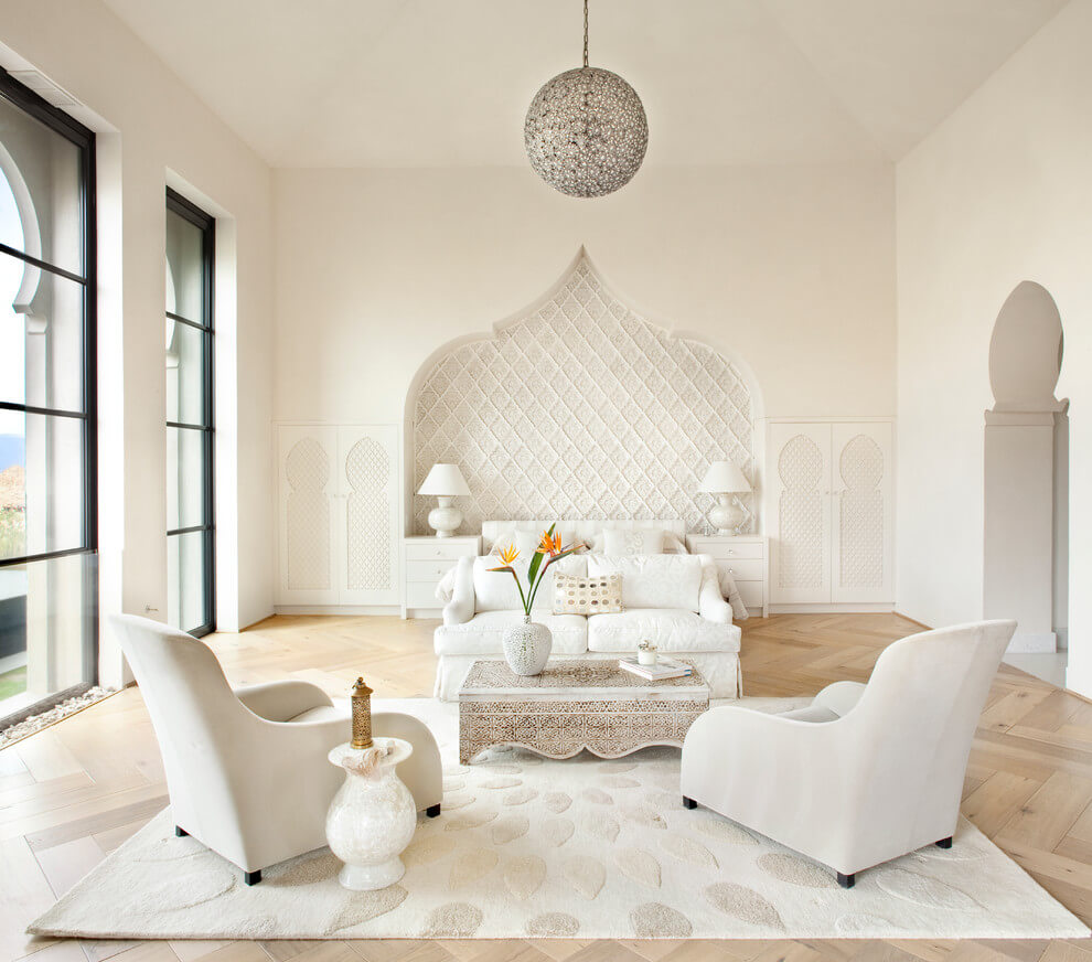 White Moroccan Bedroom With Black Accents