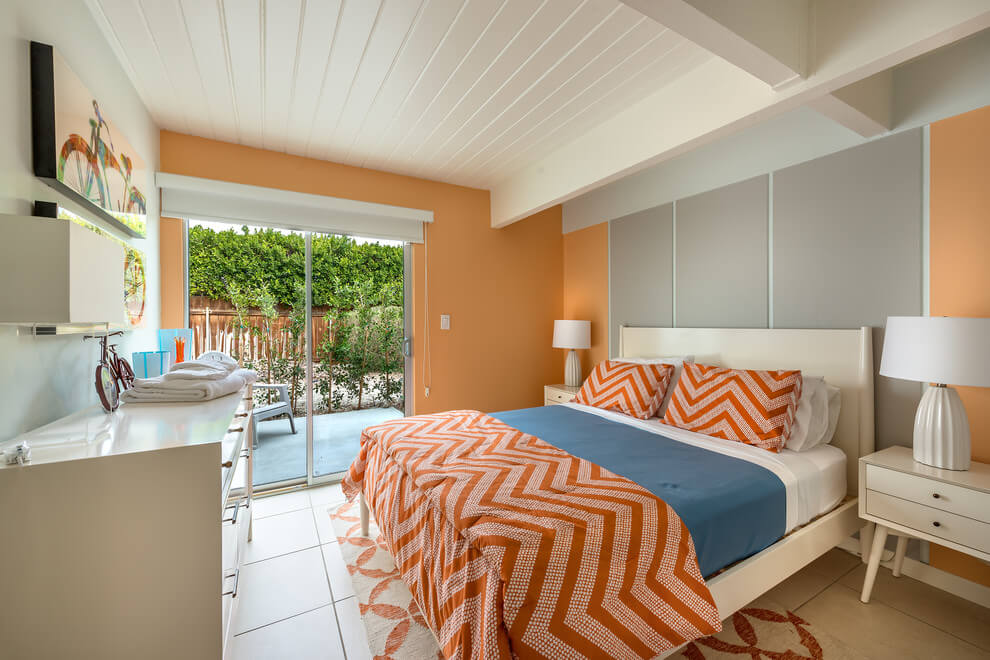 Fresh Orange Accents Midcentury Bedroom