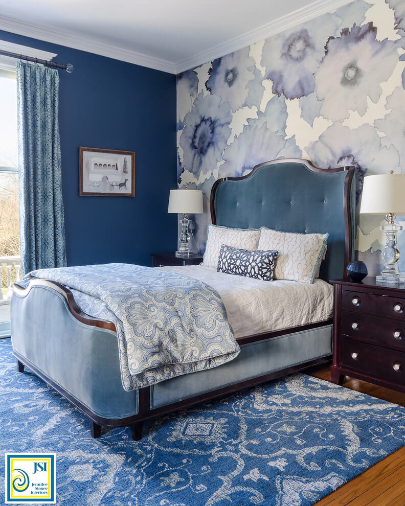 Patterned Accent Wall In Blue Bedroom