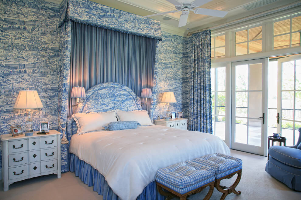 Toile Wallpaper Blue And White Bedroom