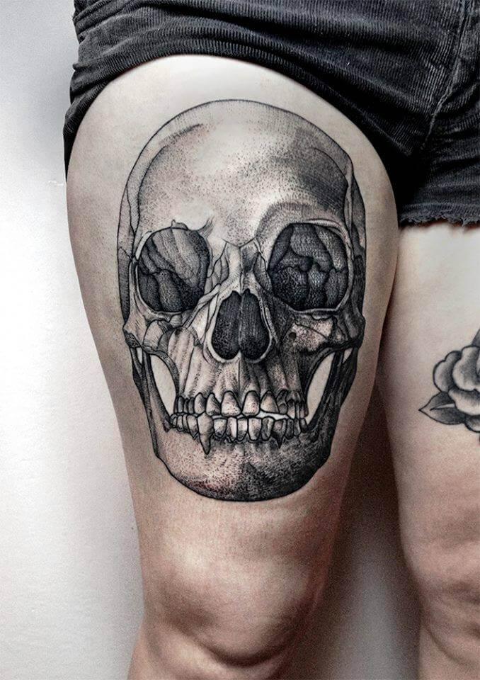Black Ink Thigh Skull Design