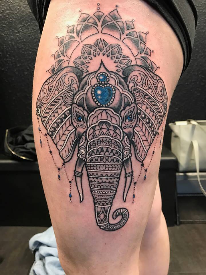 Detailed Elephant Mandala Thigh Ink