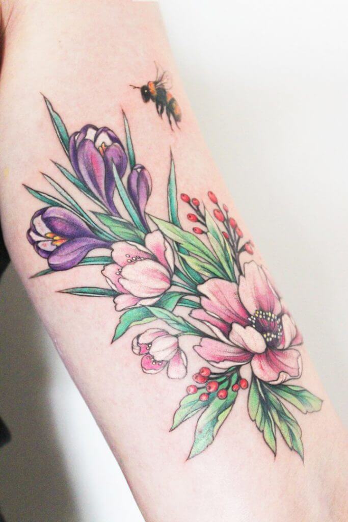 Flowers and Bee Tattoo Design
