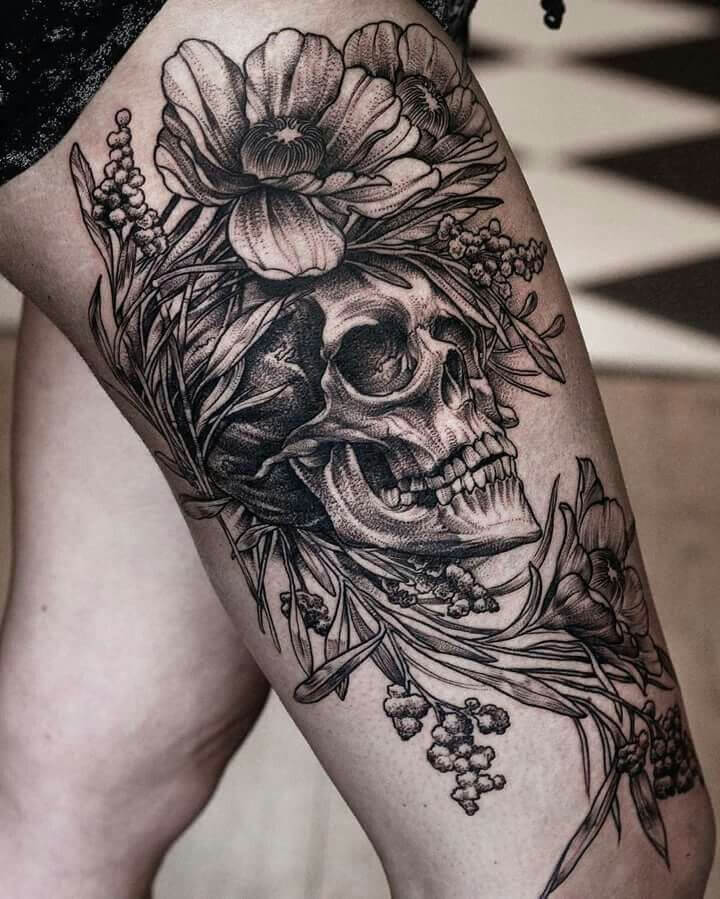 Flowers and Skull Leg Sleeve