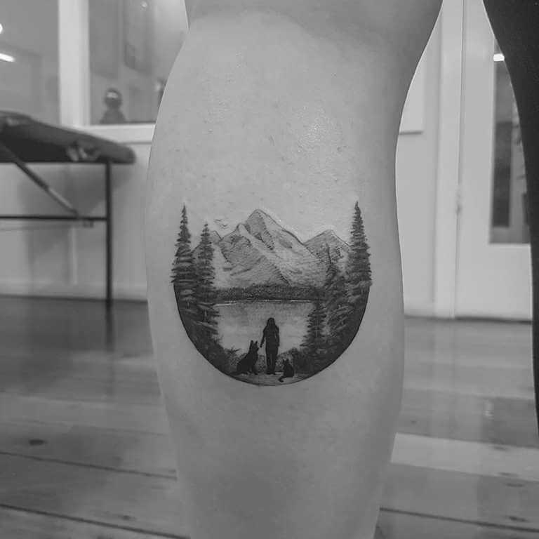Leg Tattoo of Mountain Lanscape