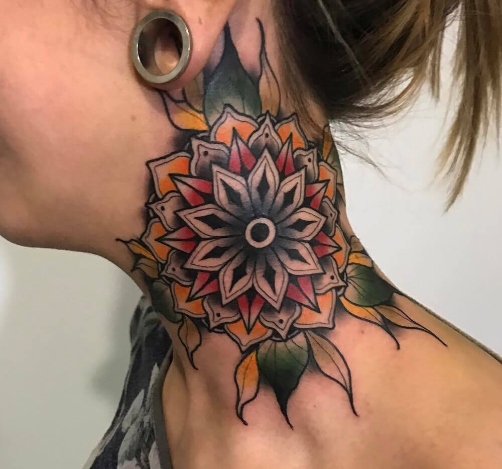 Neck Tattoo of Colorful Mandala Flower