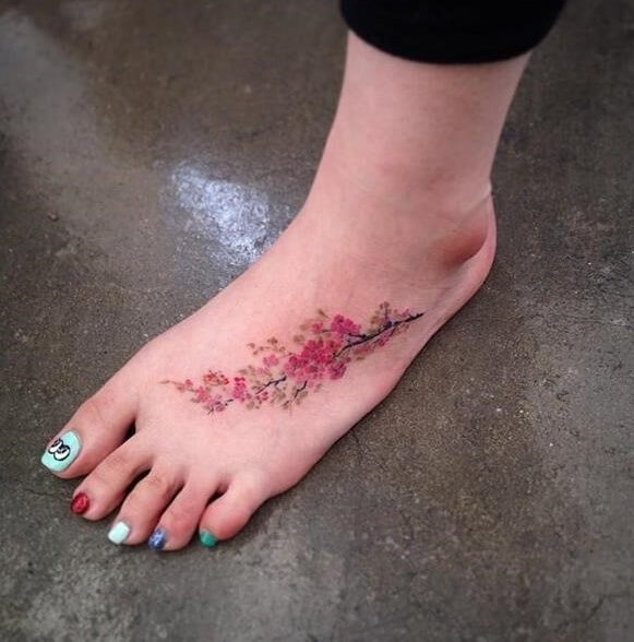 Pretty Cherry Blossoms Tattoo on Foot
