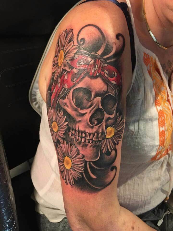 Skull and Flowers Arm Ink