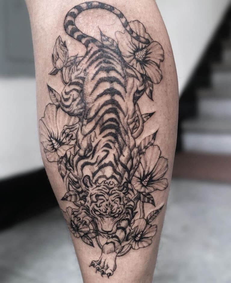 Tiger Prowling Amidst Flowers Design