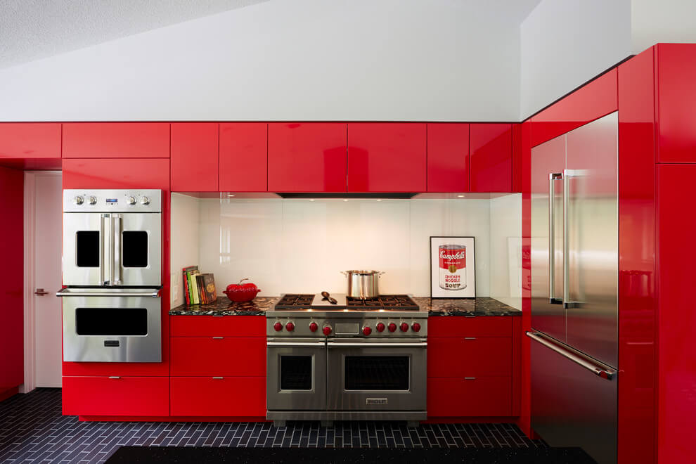 Galley Kitchen In Red and White