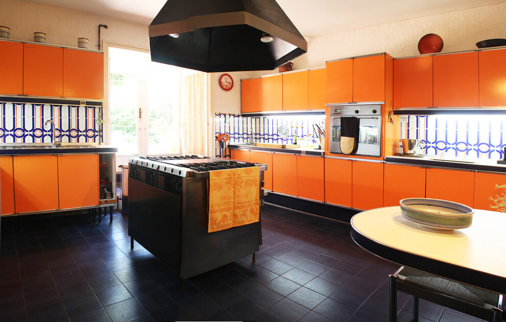 Large Kitchen In Orange and Black