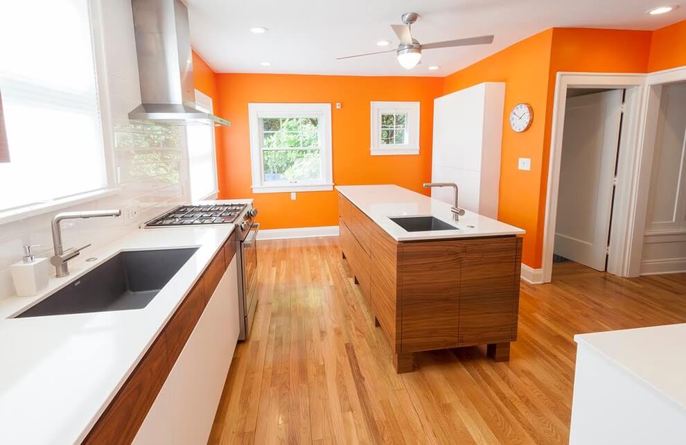 Orange Walls In Midcentury Kitchen