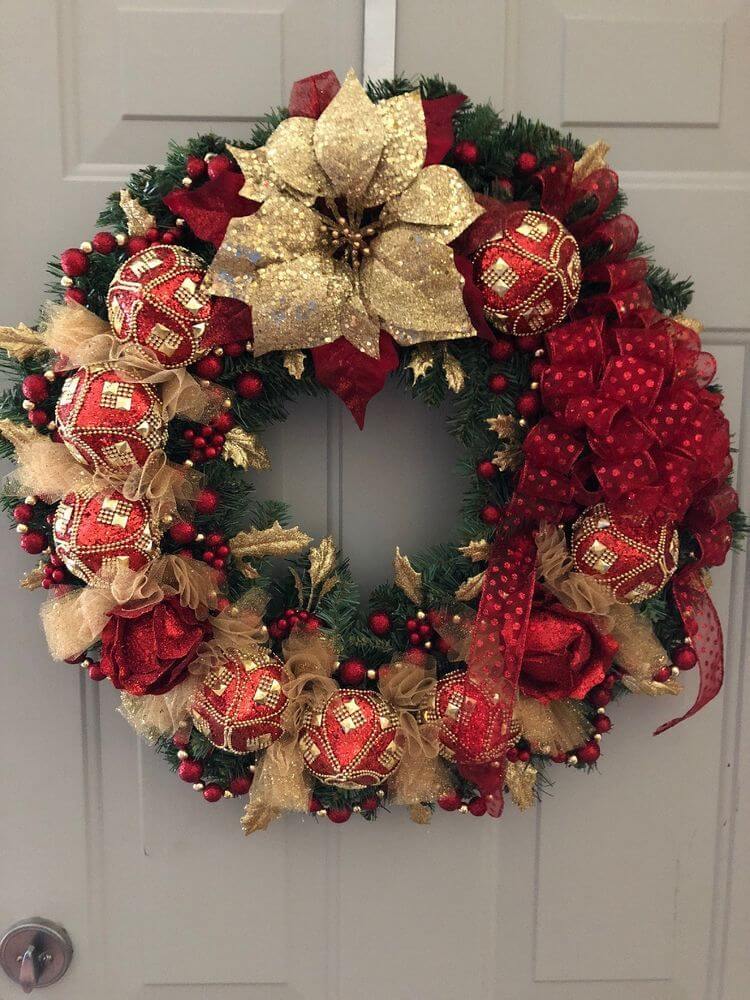 Front Door Red Gold Wreath