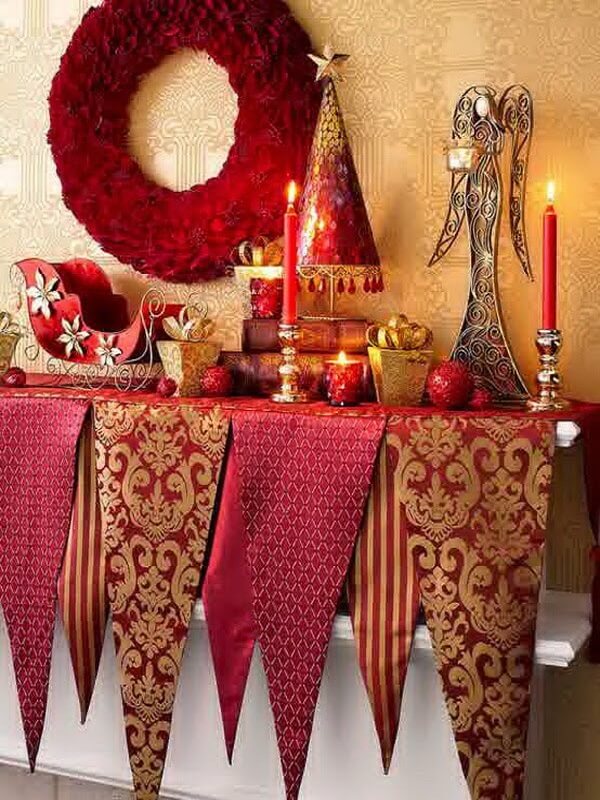 Red Gold Christmas Fireplace Mantel