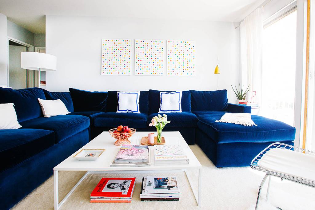 blue velvet sofas living room